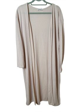 VENUS Large Long Open-Front Waffle Knit Cardigan in Light Beige